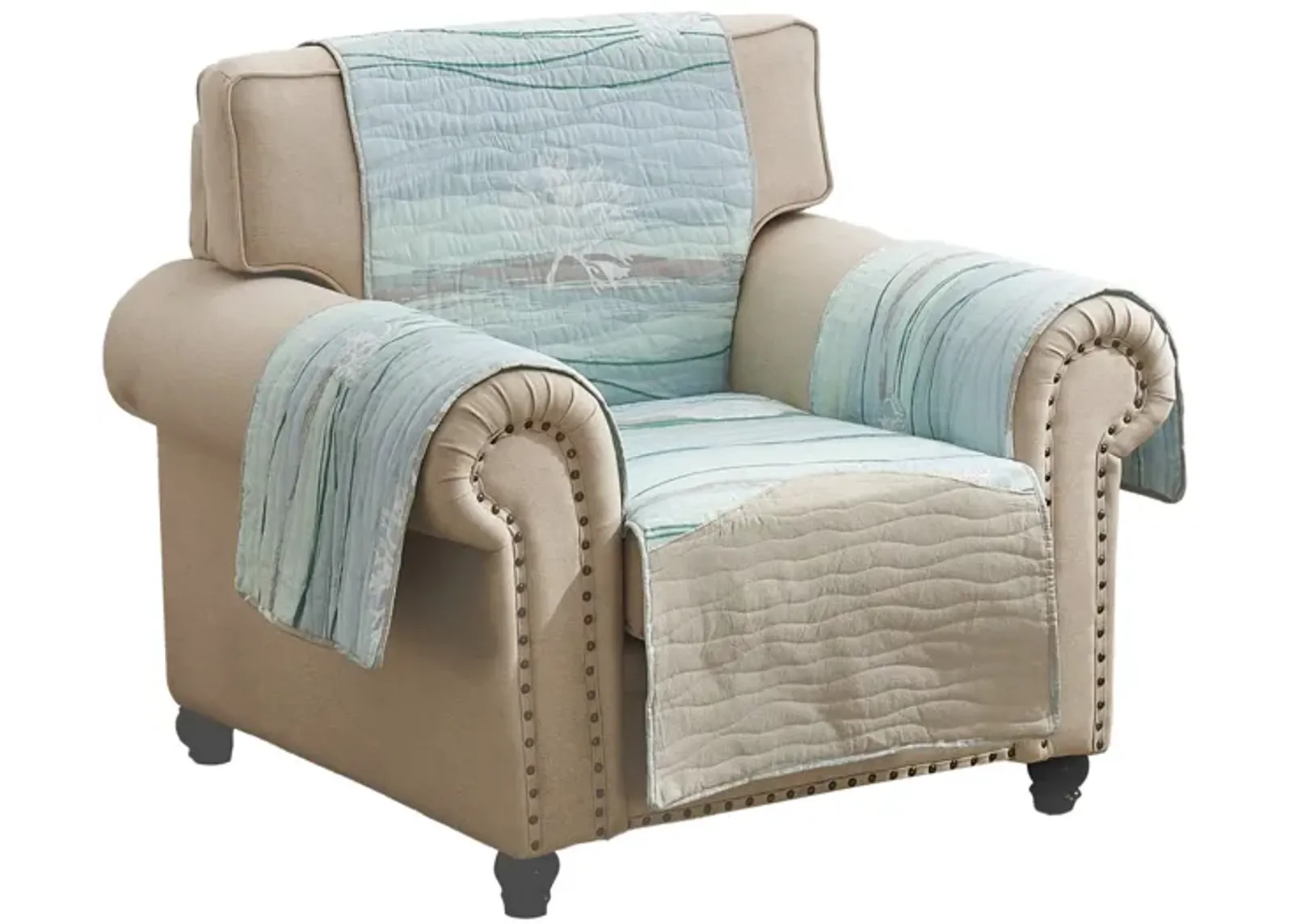 Niha 81 Inch Armchair Cover with Ocean Wave Print and Quilting, Multicolor - Benzara