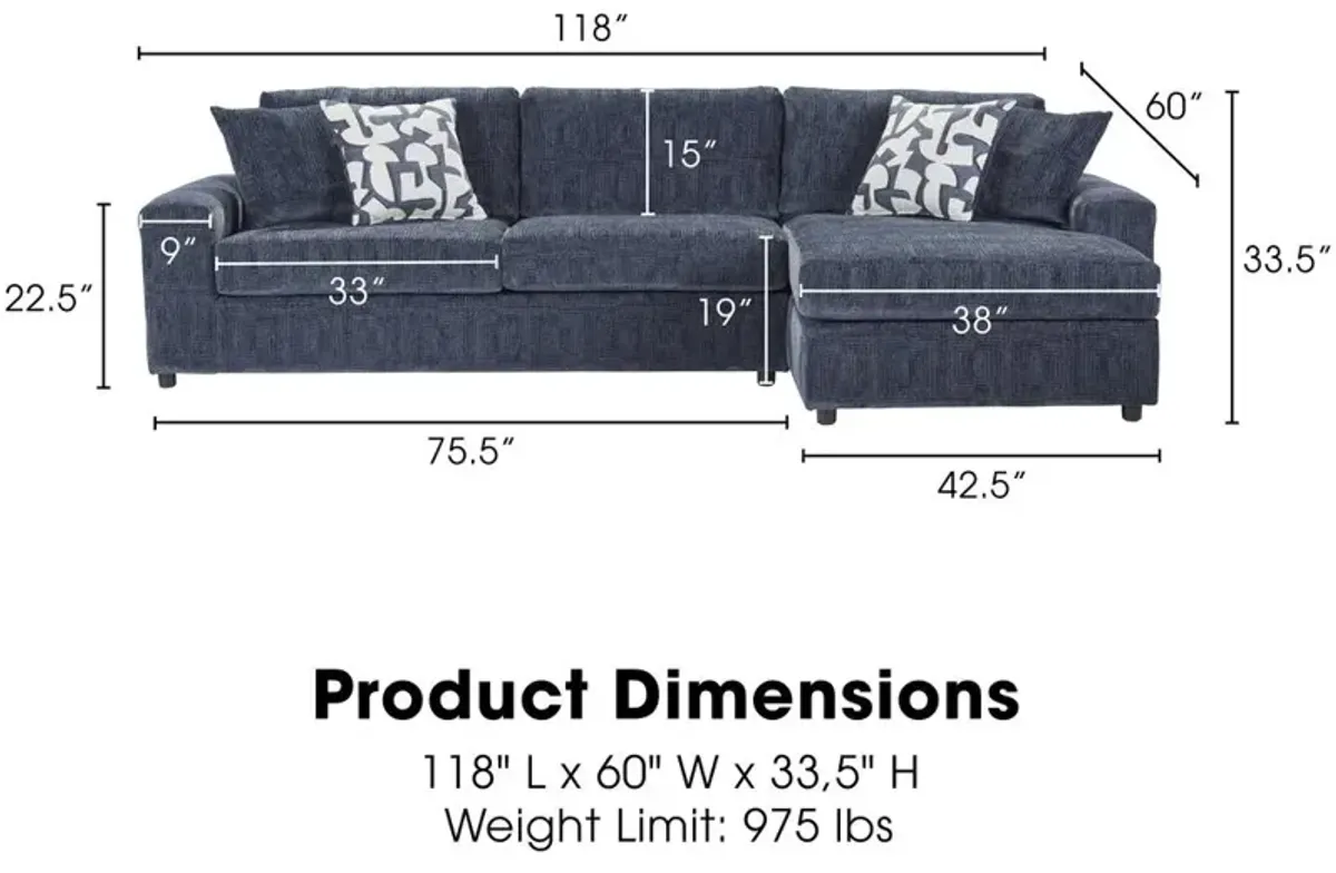 New Classic Furniture Tristan 2-piece Blue Polyester Chaise Sectional Couch