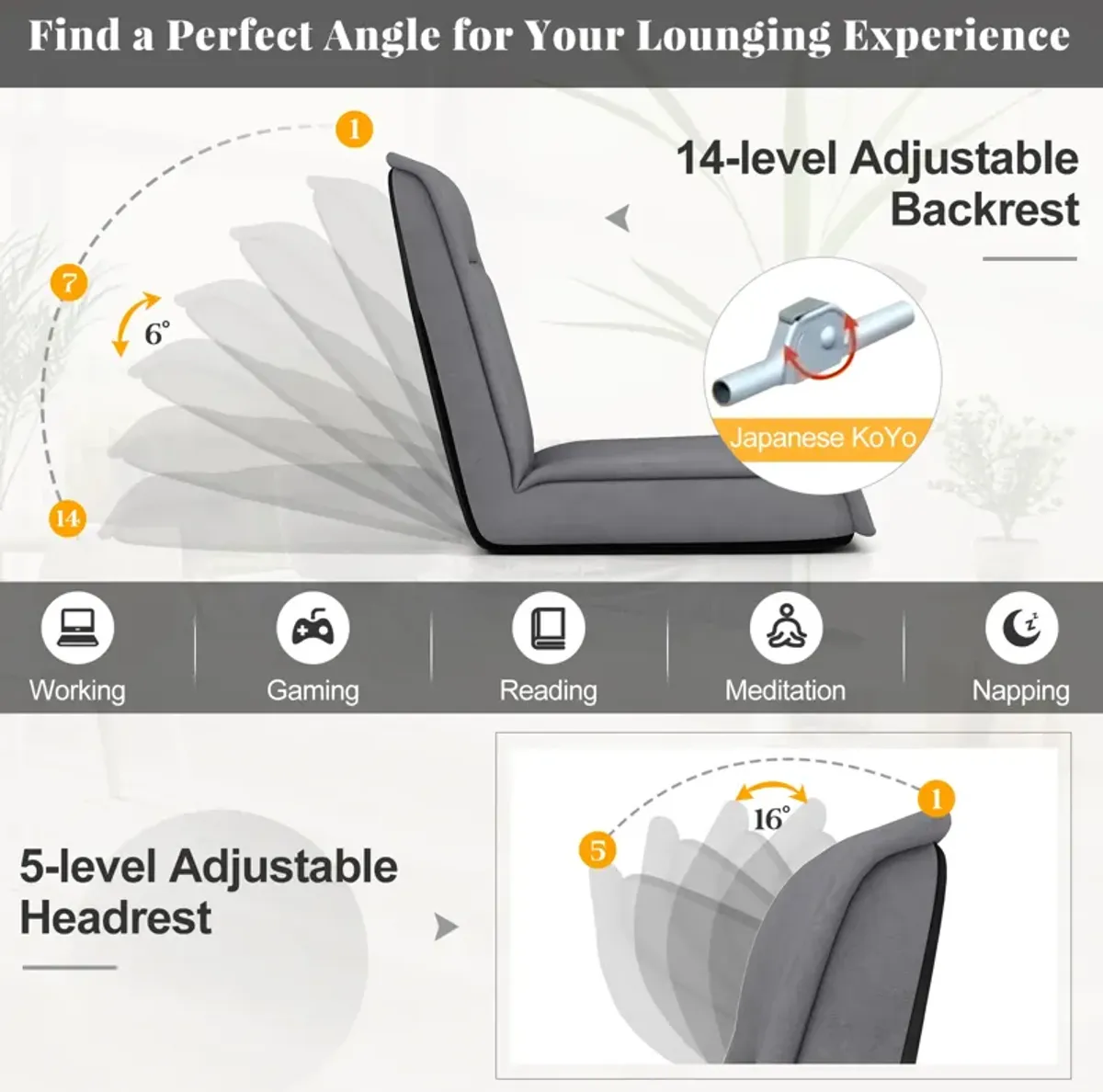 Folding Floor Chair Convertible Lazy Chair with 14-Poistion Adjustable Backrest