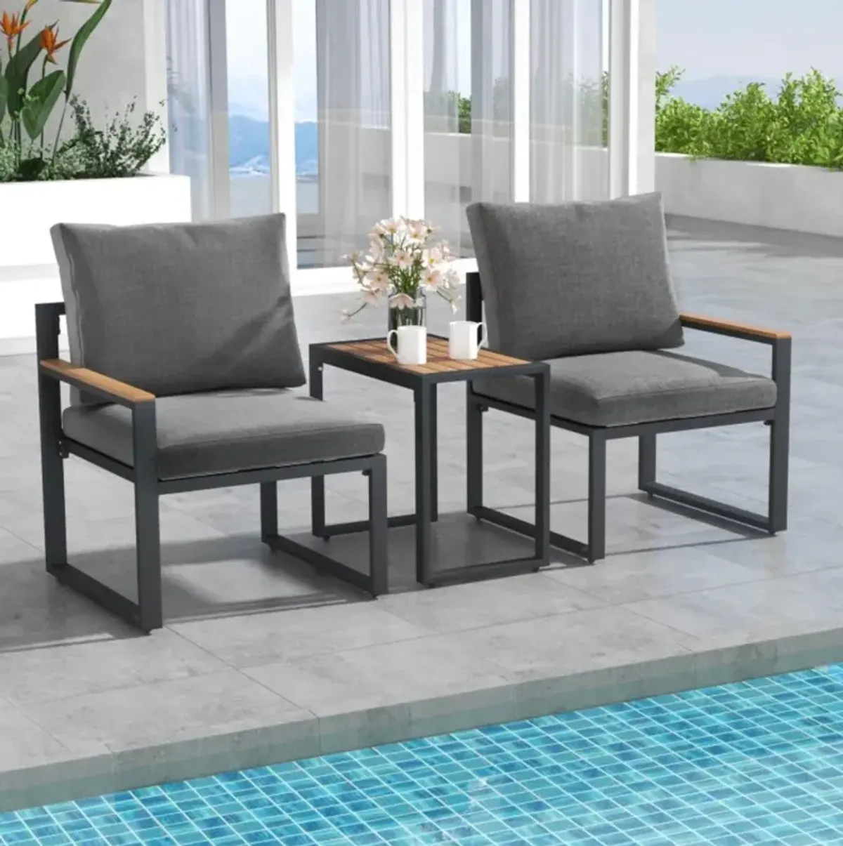 Hivvago 3 Pieces Aluminum Frame Weatherproof Outdoor Conversation Set with Soft Cushions