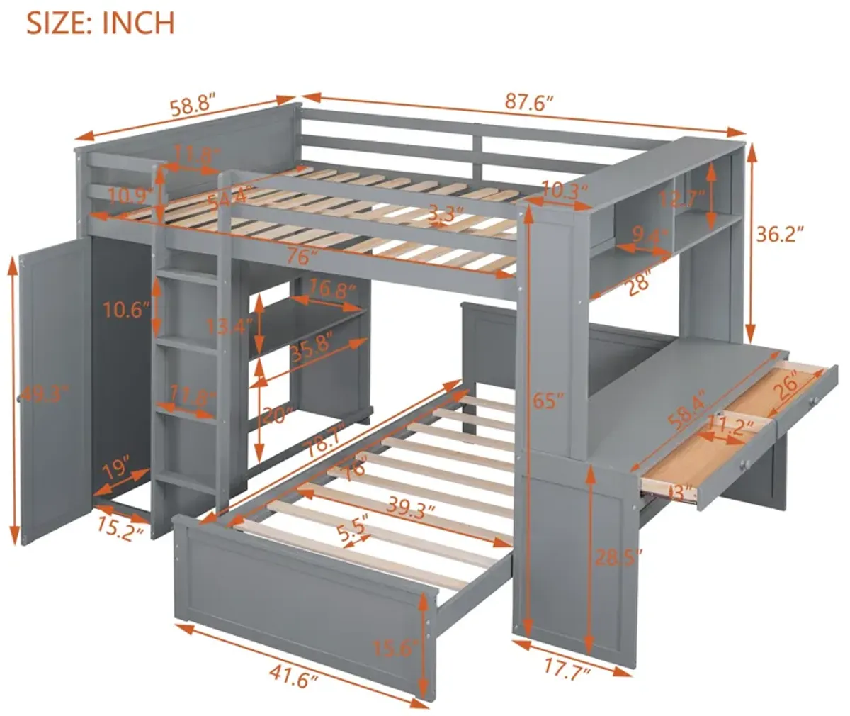 Merax Loft Bed with Storage Shelves and Wardrobe