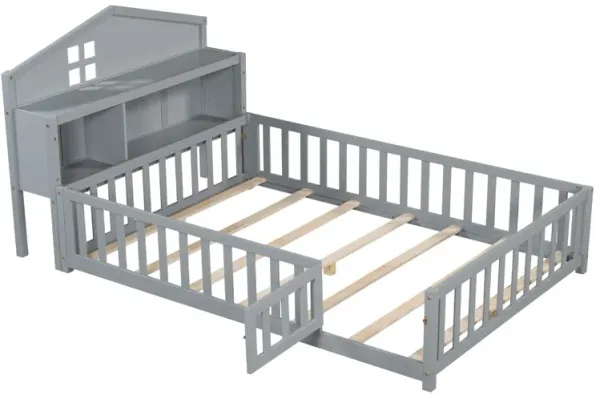 Full-size Montessori Floor Bed with Bookcases and Blackboards, Versatile Platform Beds with Guard rails, Solid Wood Floor Beds with Storage Headboards, Floor Beds for Kids and Teens