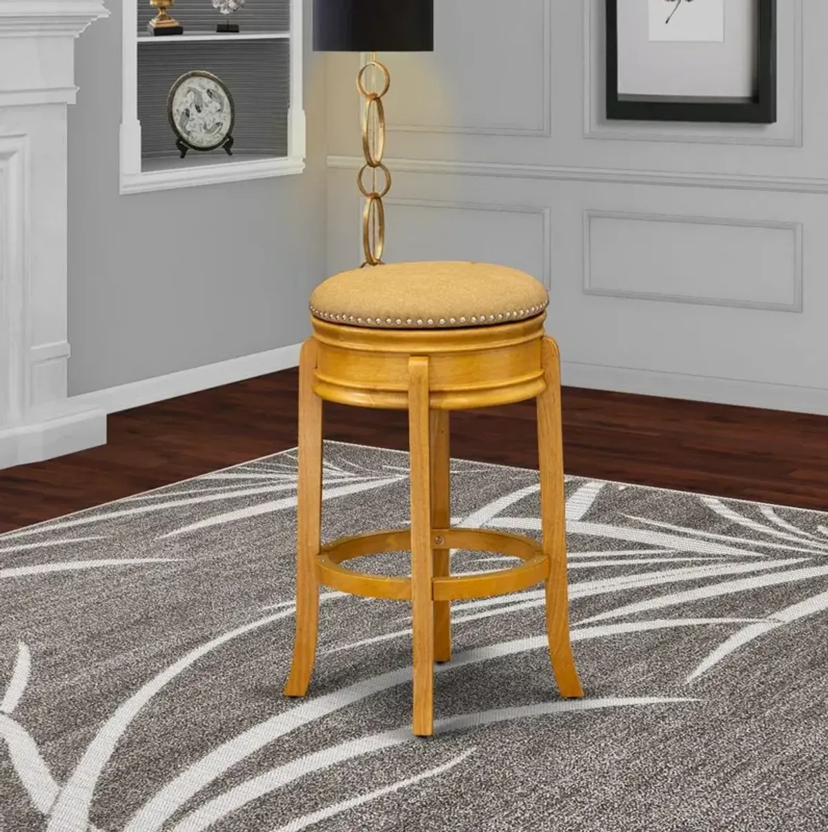 Amazing Counter Height Bar Stool- Counter Height Bar Stool with Round Shape - Vegas Gold PU leather Seat and 4 Solid Wood Curved Legs - Upholstered Bar Stool in Oak Finish