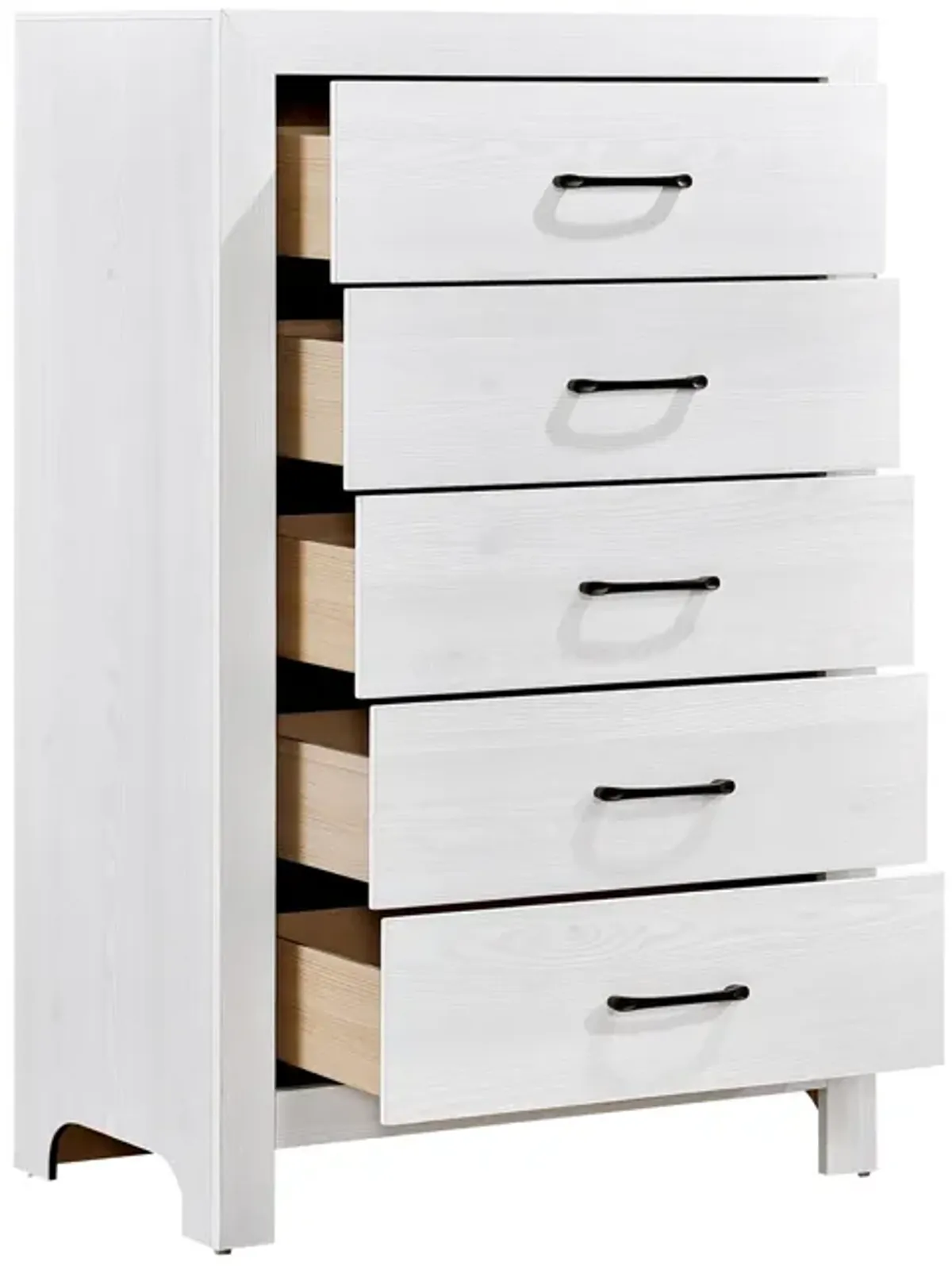 Eby 48 Inch Tall Dresser Chest, 5 Drawers with Black Nickel Handles, White - Benzara