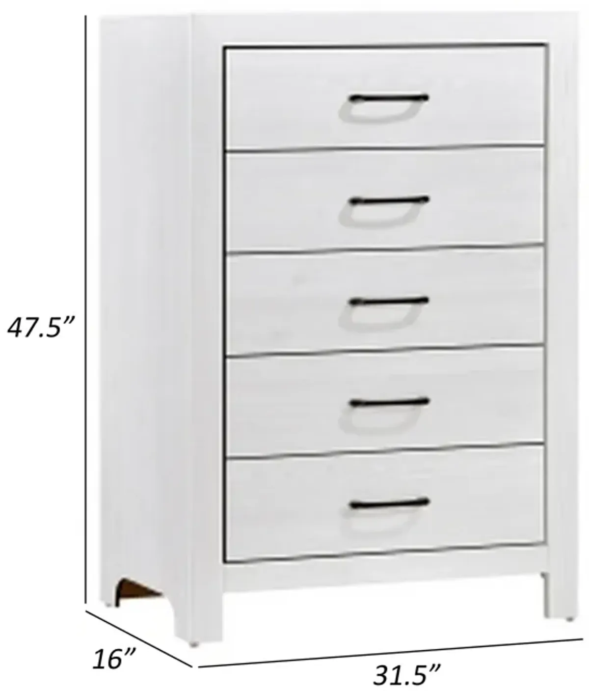 Eby 48 Inch Tall Dresser Chest, 5 Drawers with Black Nickel Handles, White - Benzara