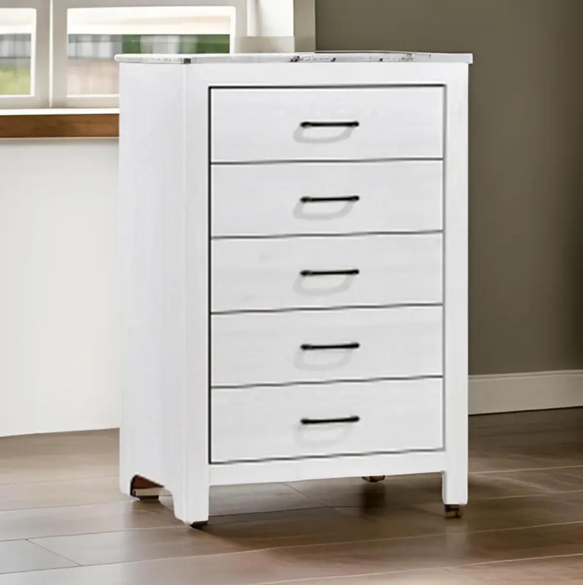 Eby 48 Inch Tall Dresser Chest, 5 Drawers with Black Nickel Handles, White - Benzara