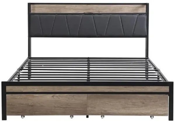 Modern Platform Bed with Upholstered Headboard, USB Ports, and Footboard Drawers