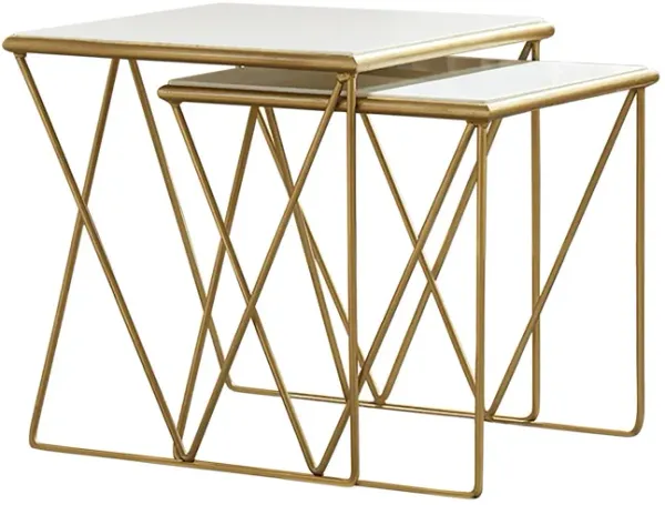 2 Piece Marble Top Nesting Table with Geometric Base, White and Gold-Benzara