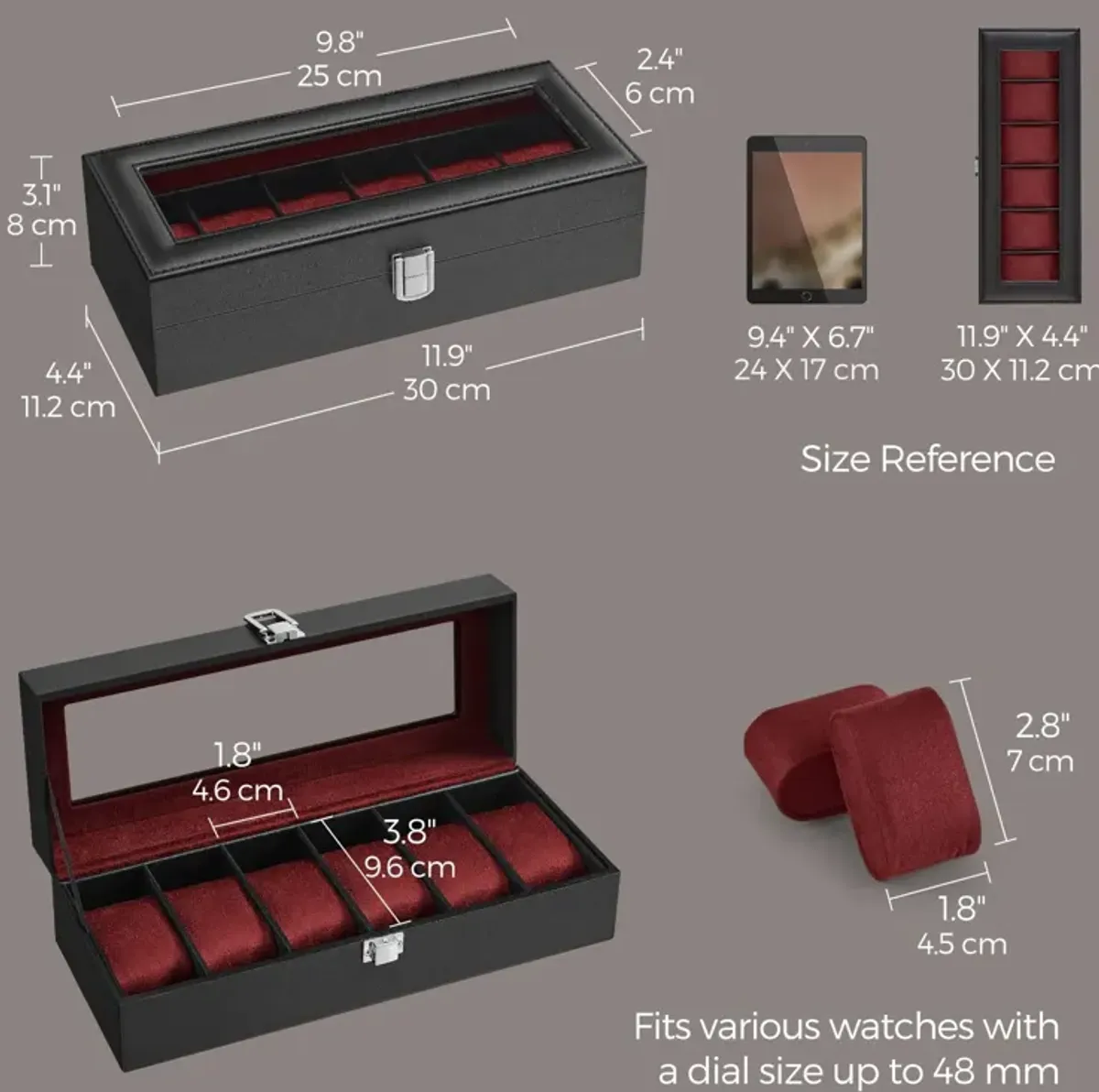 6-Slot Watch Box Men's Case with Glass Top, Lockable Display Organizer