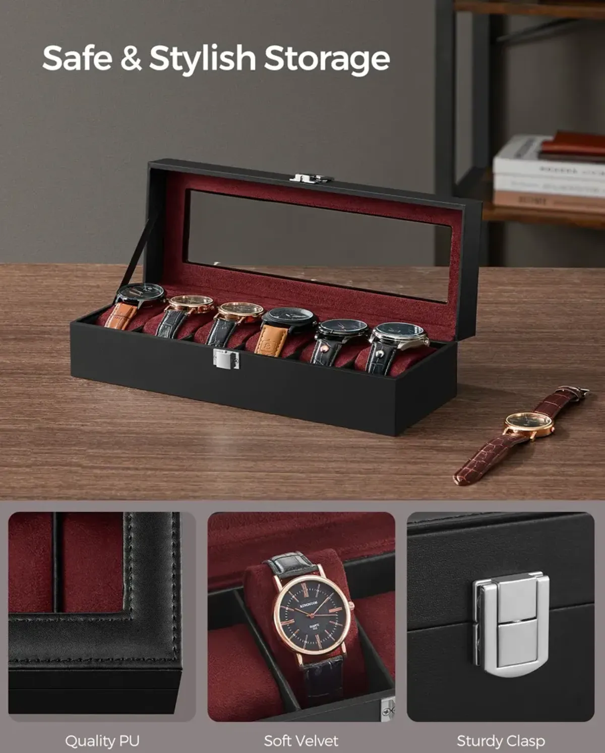 6-Slot Watch Box Men's Case with Glass Top, Lockable Display Organizer