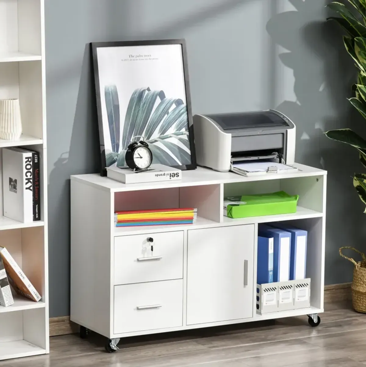 White Office Assistant: Mobile Printer Stand with Drawer and Wheels