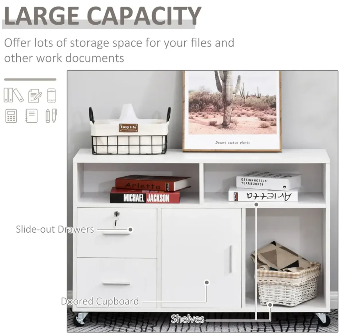 White Office Assistant: Mobile Printer Stand with Drawer and Wheels