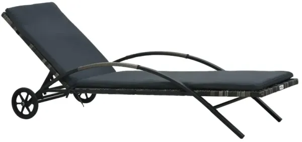 Sun Chaise Lounger with Cushion, 79 Inch, Wheels, Gray Poly Rattan - Benzara