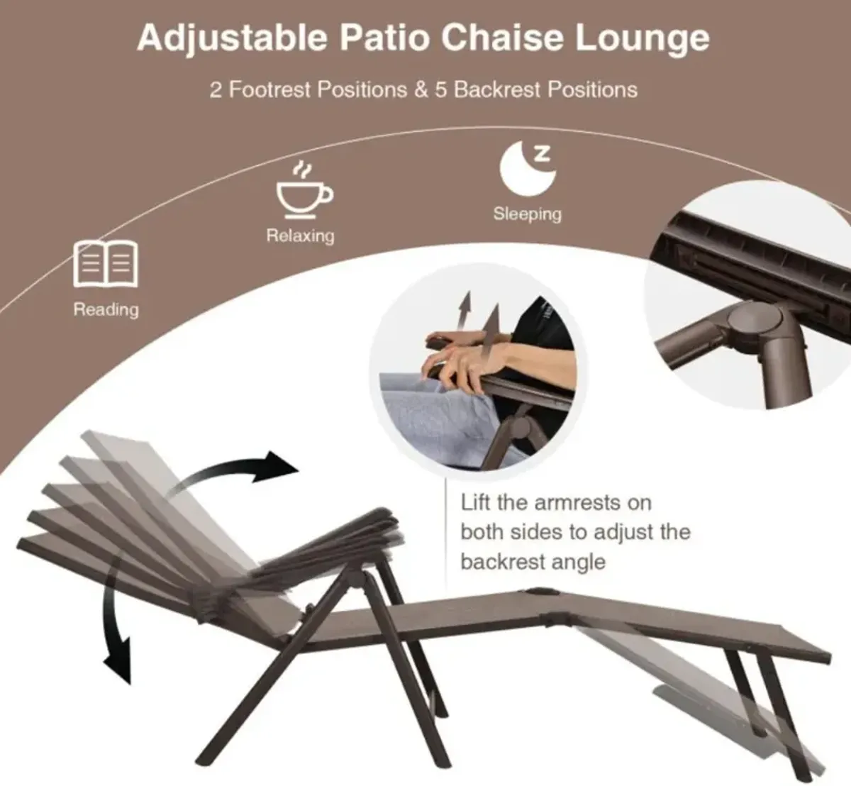 Hivvago 2 Pieces Foldable Chaise Lounge Chair with 2-Position Footrest