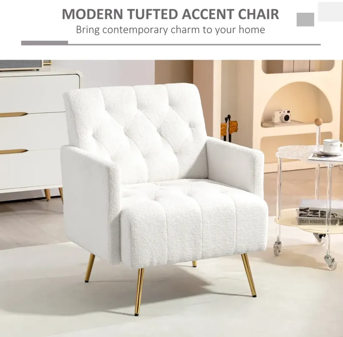 HOMCOM Modern Sherpa Accent Chair, Upholstered Tufted Armchair with Gold Steel Legs, Fabric Reading Chair for Living Room and Bedroom, White