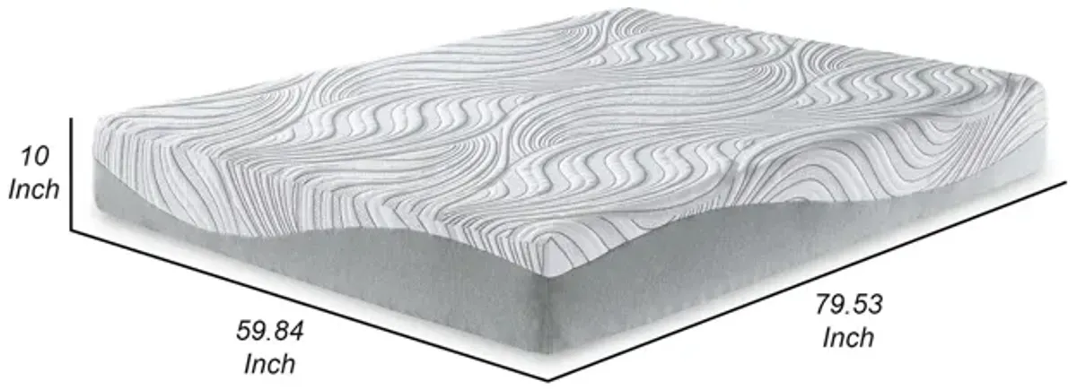 10 Inch Memory Foam Queen Mattress, White and Gray, Stretch Knit Cover  - Benzara