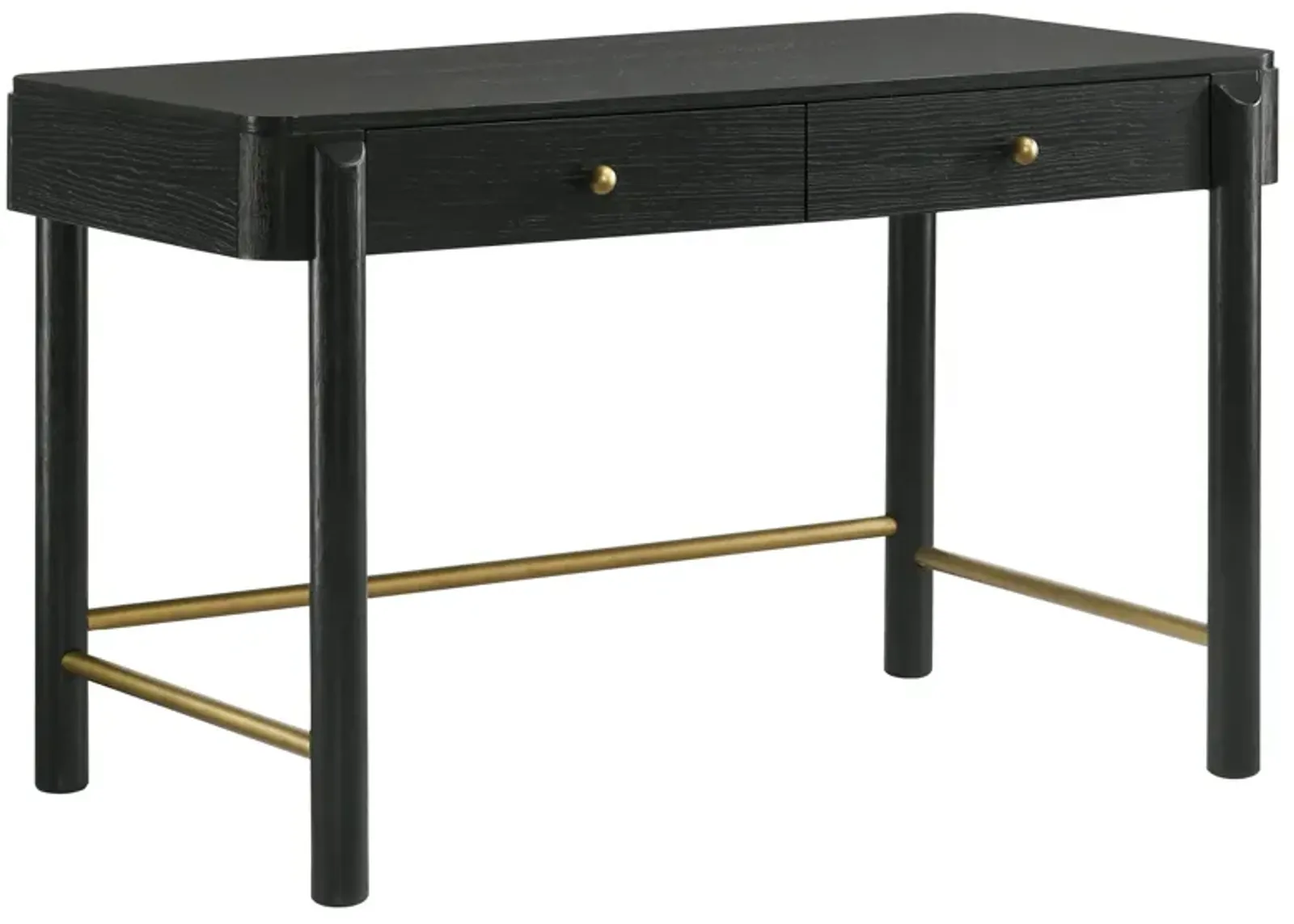 Fij Vanity Desk, 48 Inch Rectangular, 2 Drawers, Metal Knobs, Black, Gold - Benzara