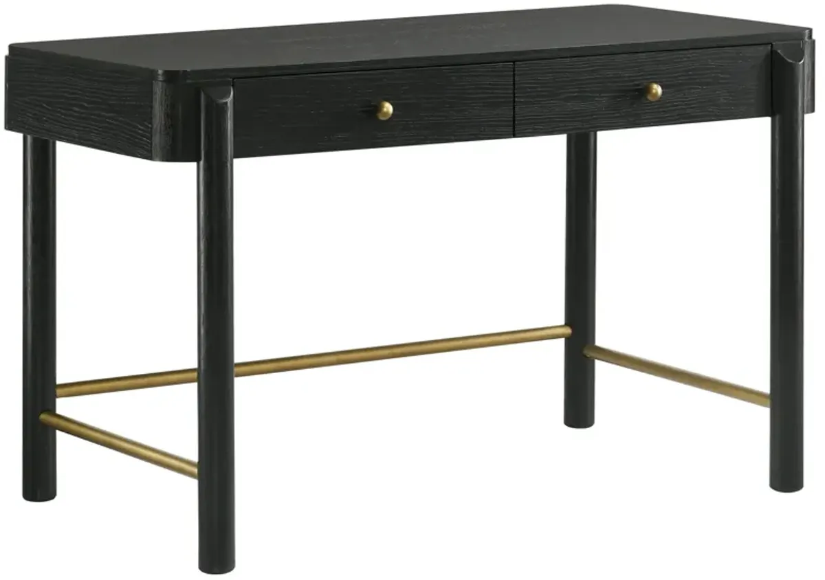 Fij Vanity Desk, 48 Inch Rectangular, 2 Drawers, Metal Knobs, Black, Gold - Benzara