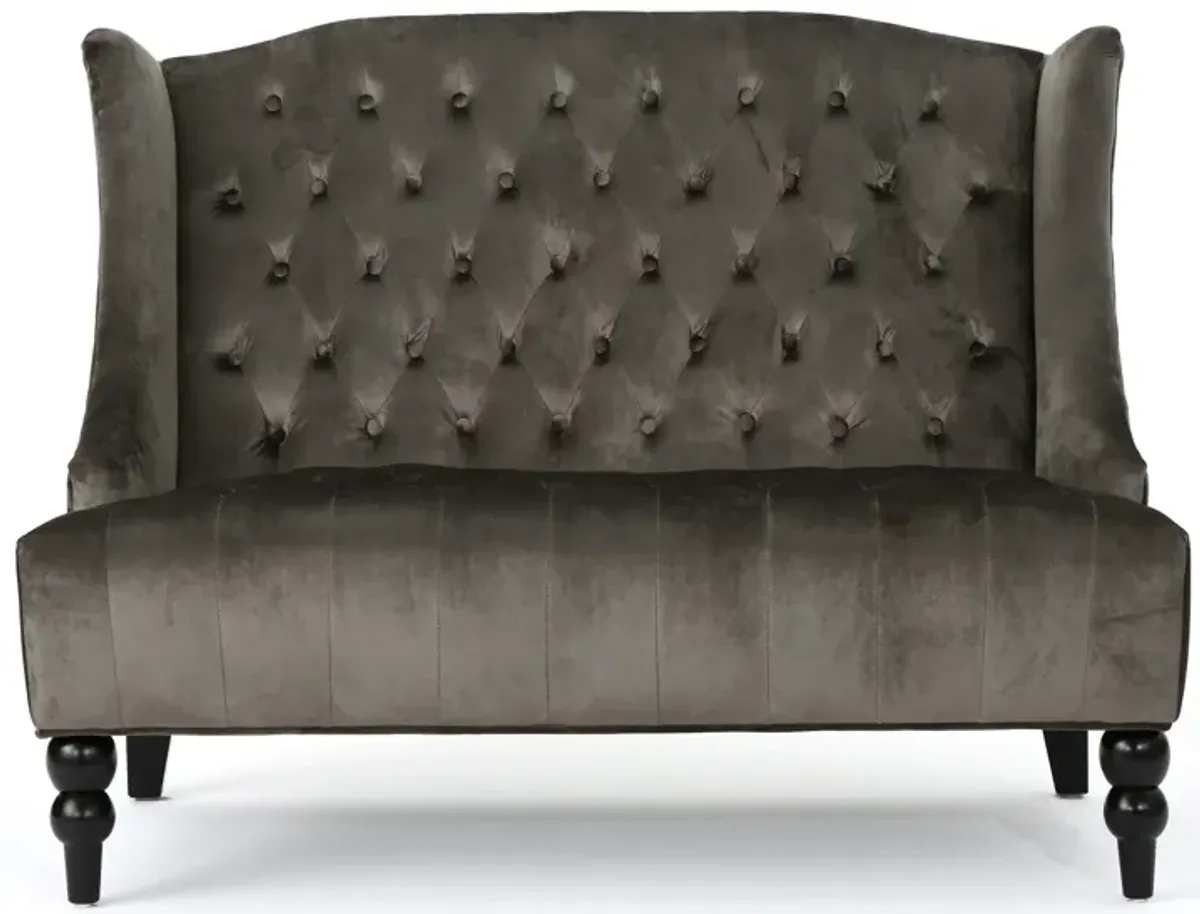 Lanny Loveseat Settee, Wingback Bench 50 Inch Wood, Tufted Gray Velvet - Benzara