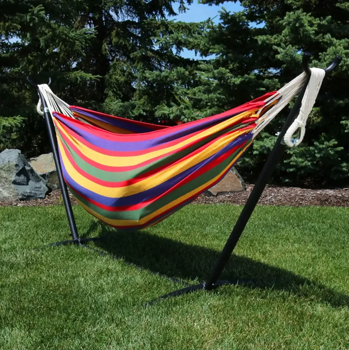 Sunnydaze Large Cotton Hammock with Steel Stand and Carrying Case