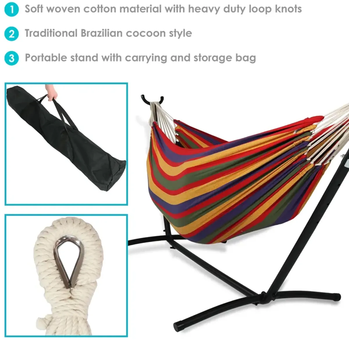 Sunnydaze Large Cotton Hammock with Steel Stand and Carrying Case