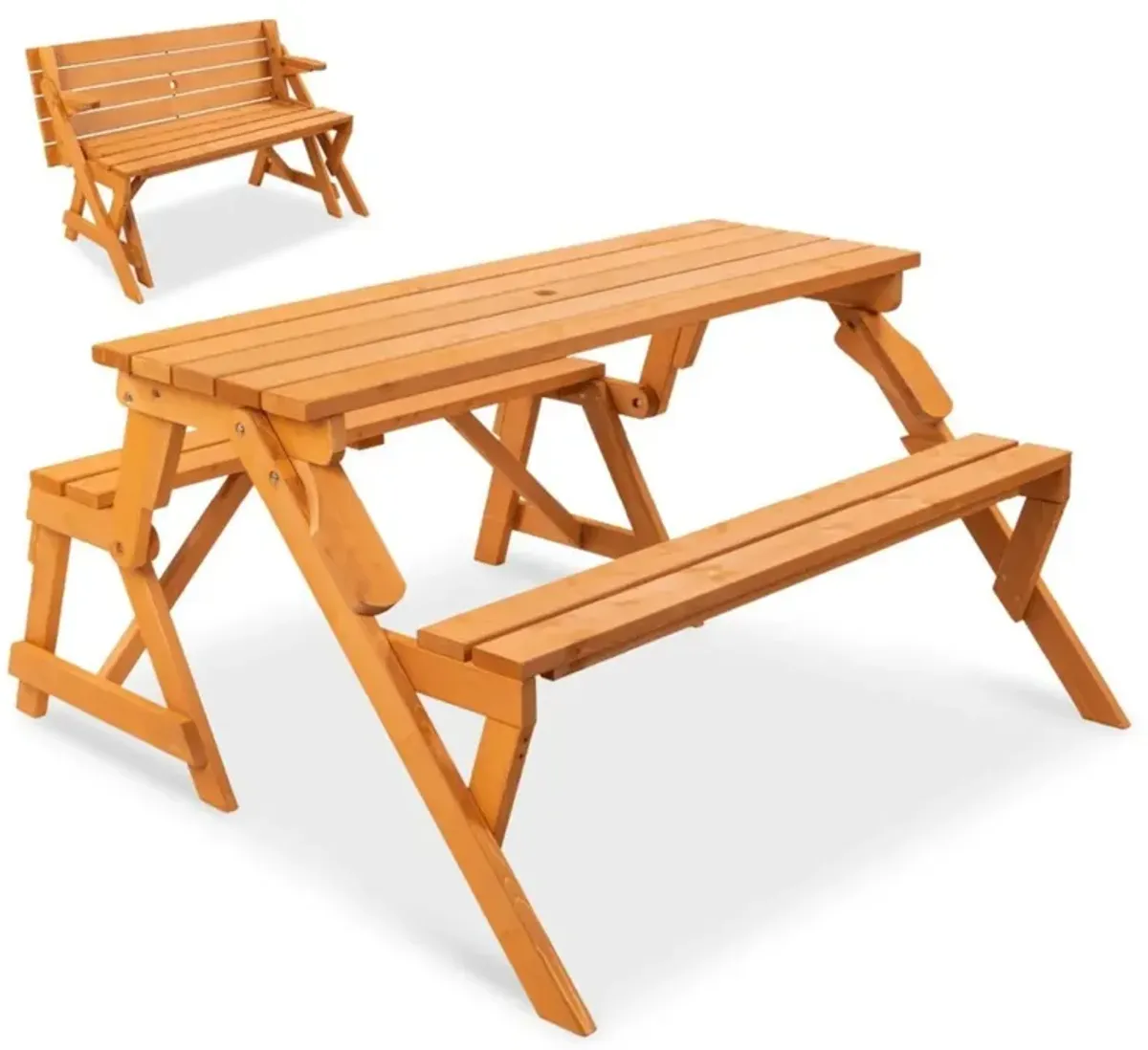 Hivvago Outdoor Interchangeable 2 in 1 Multi-Use Wooden Picnic Table Garden Bench Umbrella Hole