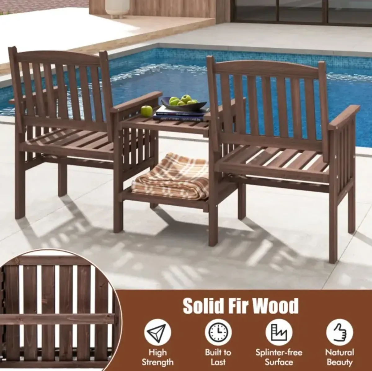 Hivvago Outdoor Fir Wood Loveseat with 2-Tier Side Table and 1.96" Umbrella Hole