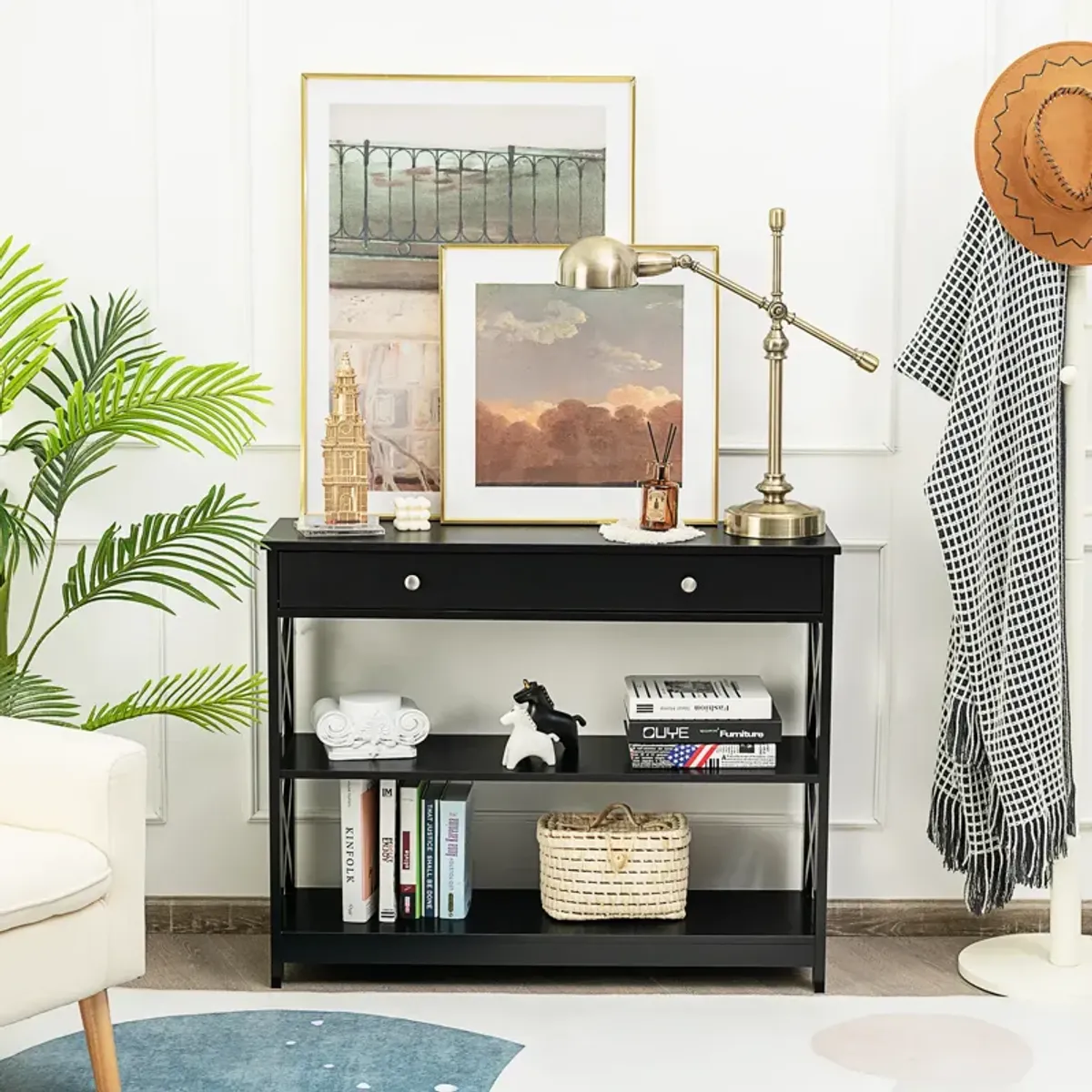 Console Table 3-Tier with Drawer and Storage Shelves