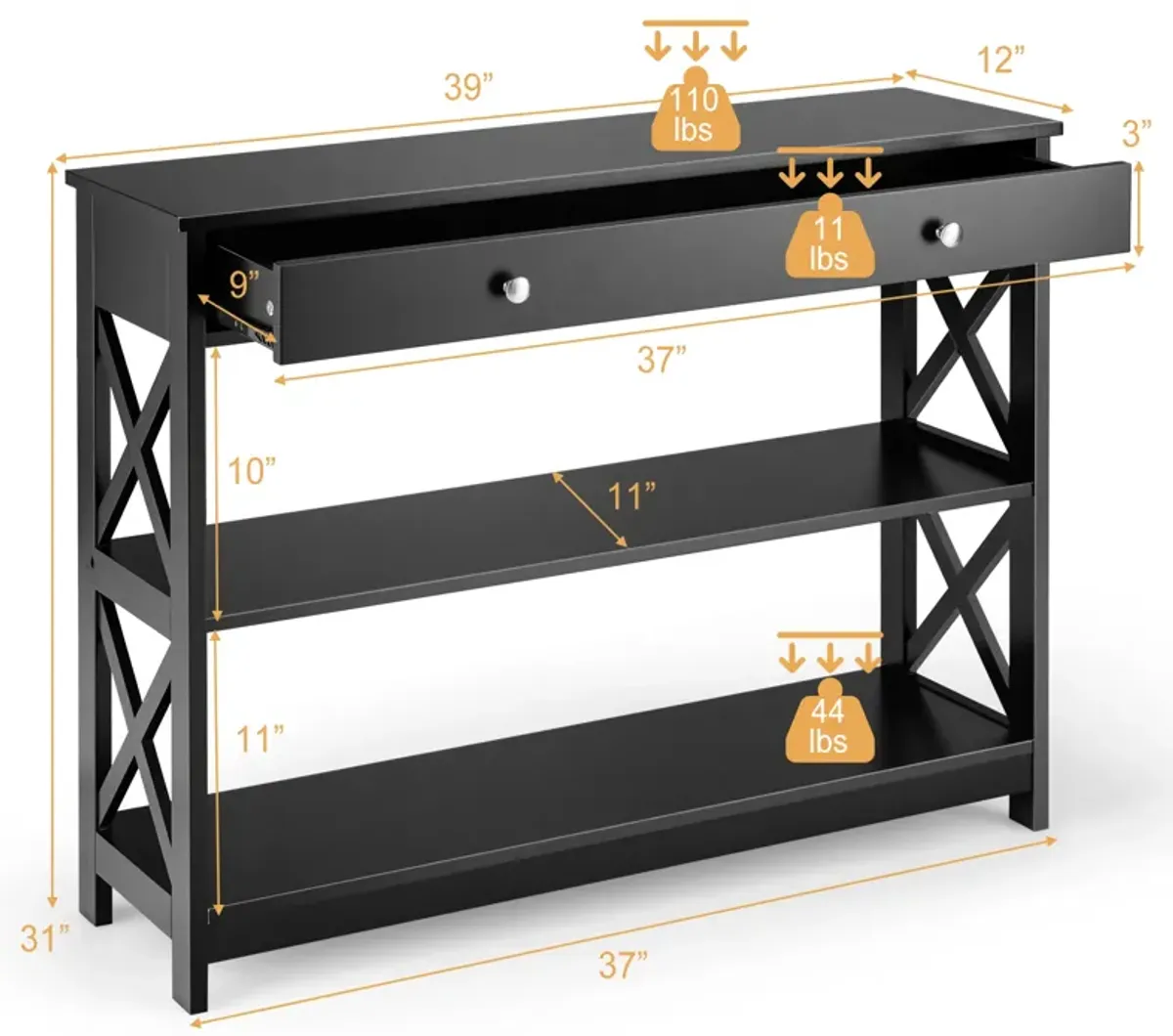 Console Table 3-Tier with Drawer and Storage Shelves