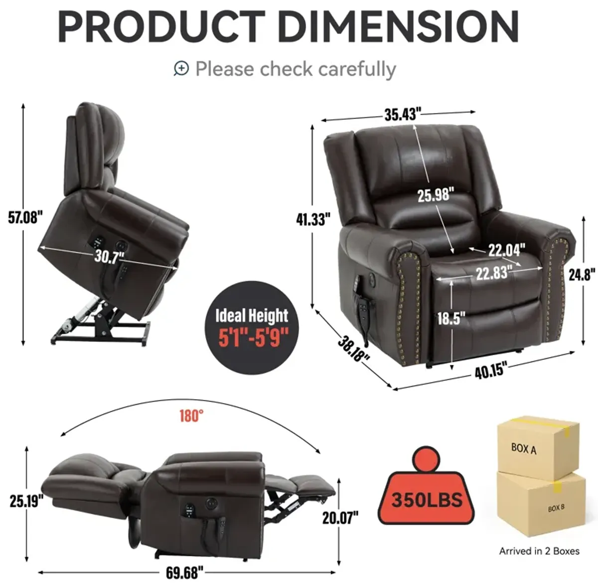 Power Lift Recliner Chair Heat Massage Dual Motor Infinite Position Up to 350 LBS, Genuine Leather, Heavy Duty Motion Mechanism with USB Ports, Brown