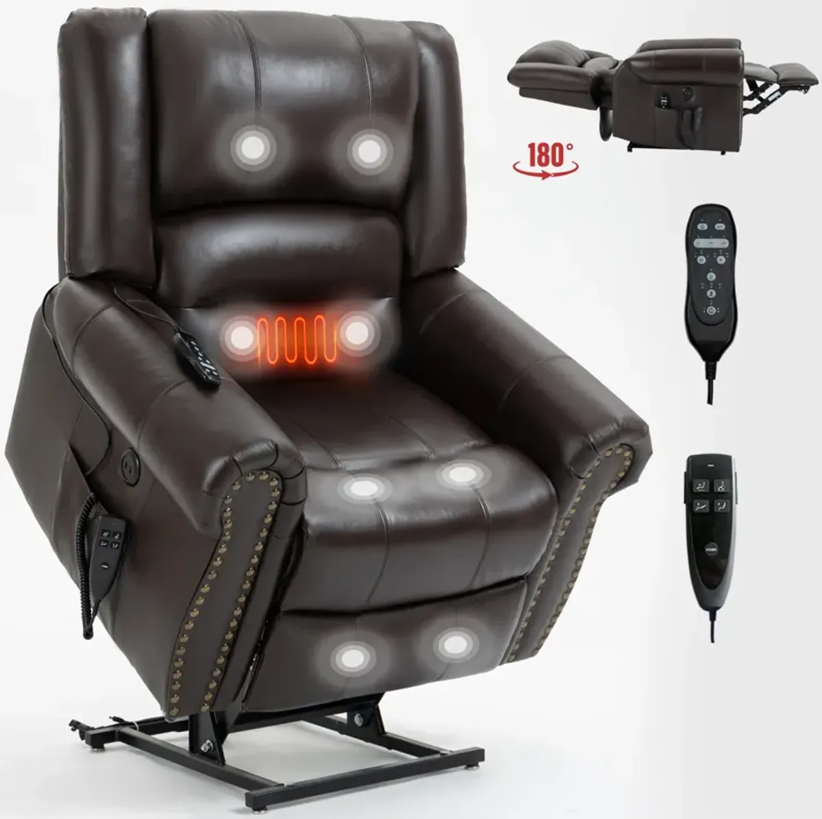 Power Lift Recliner Chair Heat Massage Dual Motor Infinite Position Up to 350 LBS, Genuine Leather, Heavy Duty Motion Mechanism with USB Ports, Brown