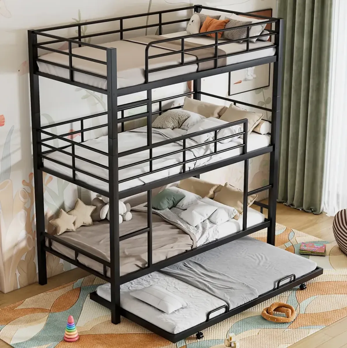 Merax Metal Triple Bunk Bed With Trundle