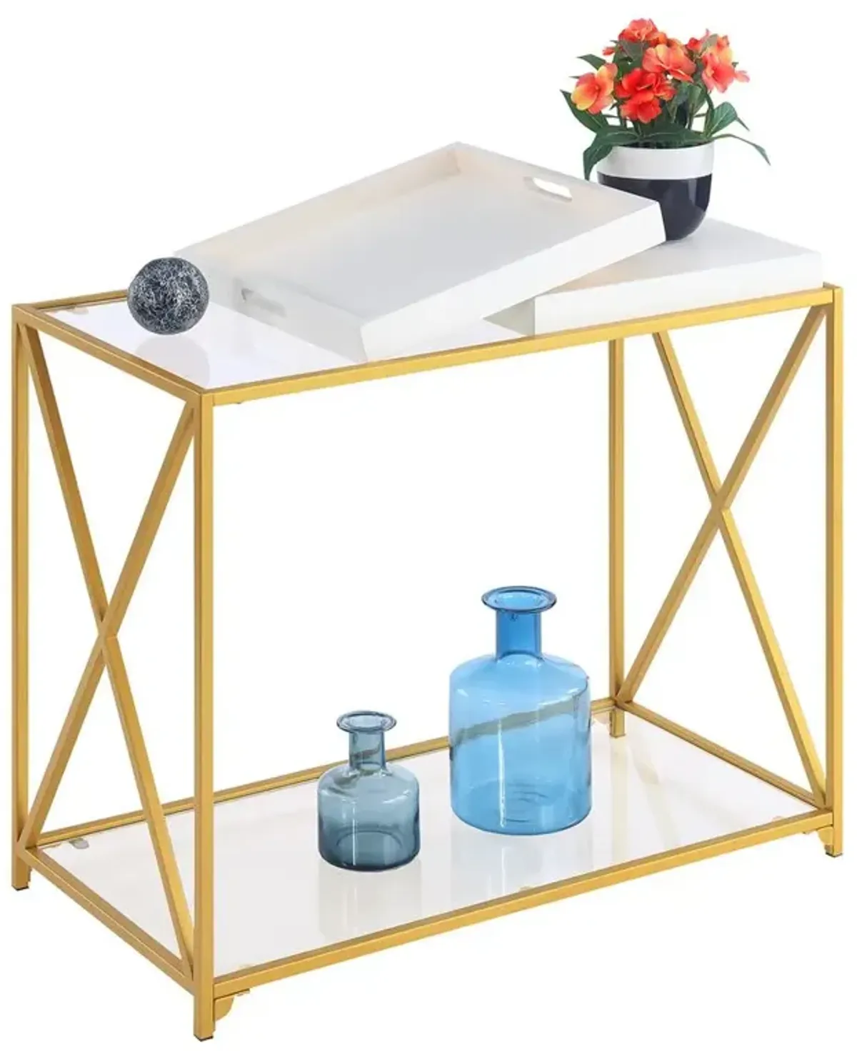 Convenience Concepts St. Andrews Console Table with Shelf and Removable Trays, White/Gold