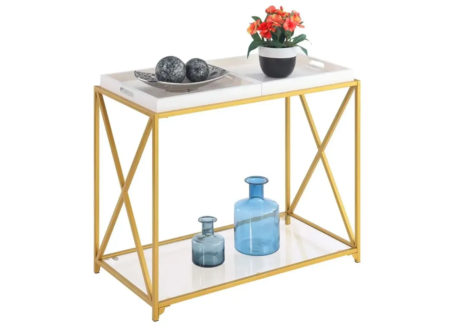 Convenience Concepts St. Andrews Console Table with Shelf and Removable Trays, White/Gold