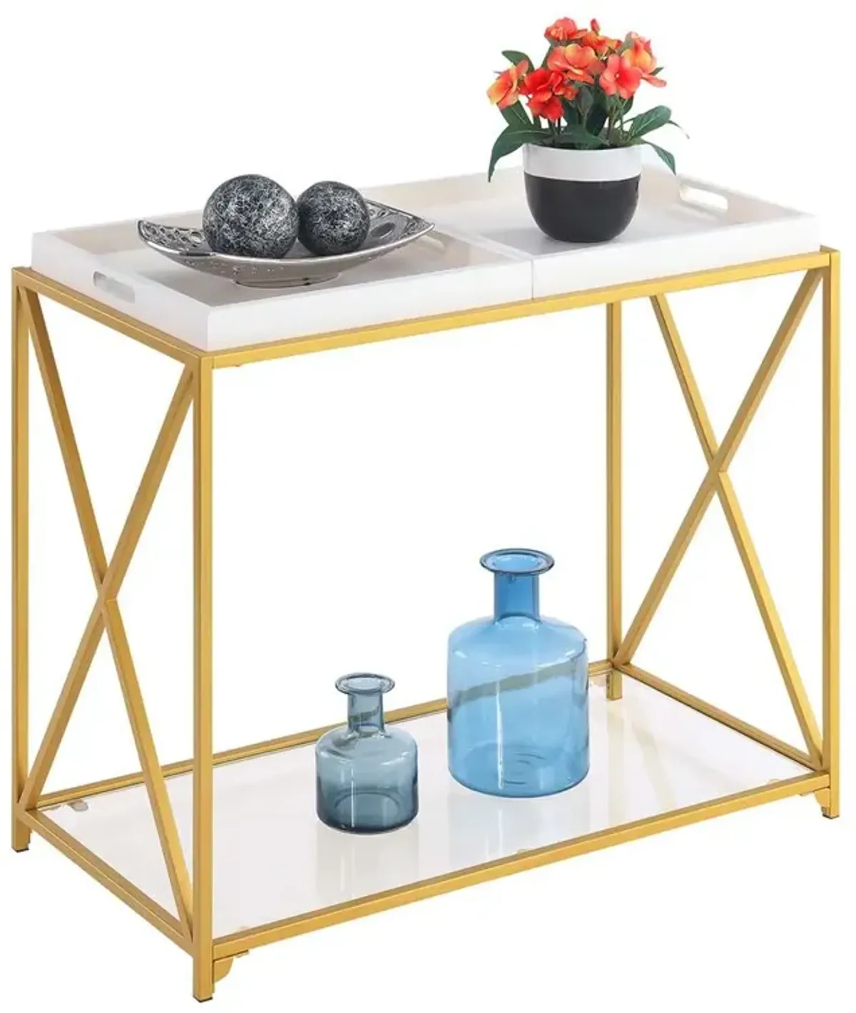 Convenience Concepts St. Andrews Console Table with Shelf and Removable Trays, White/Gold