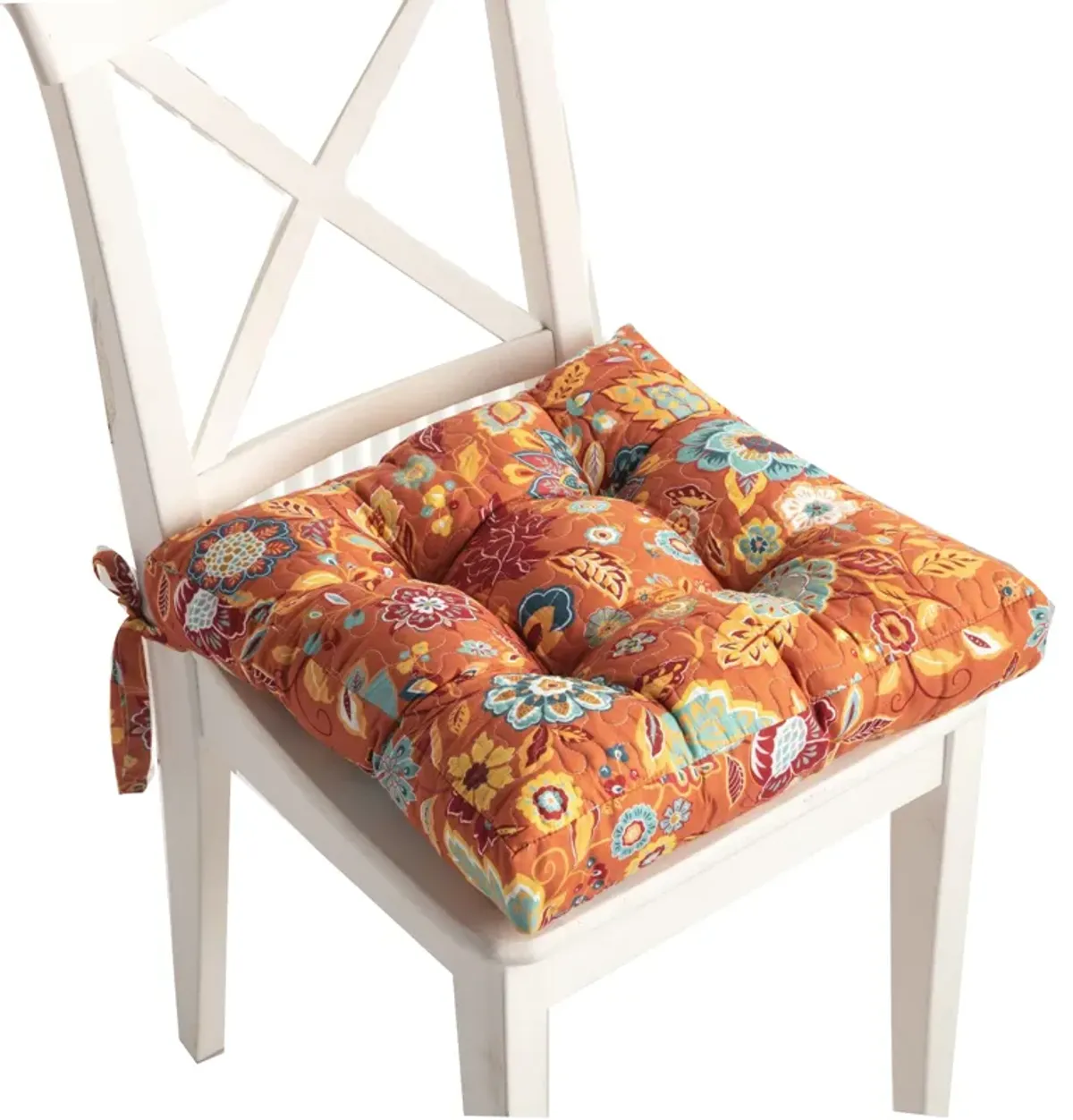 Rov 18 Inch Set of 4 Chair Pad Seat Cushions, 3 Layers, Orange Flower Print - Benzara