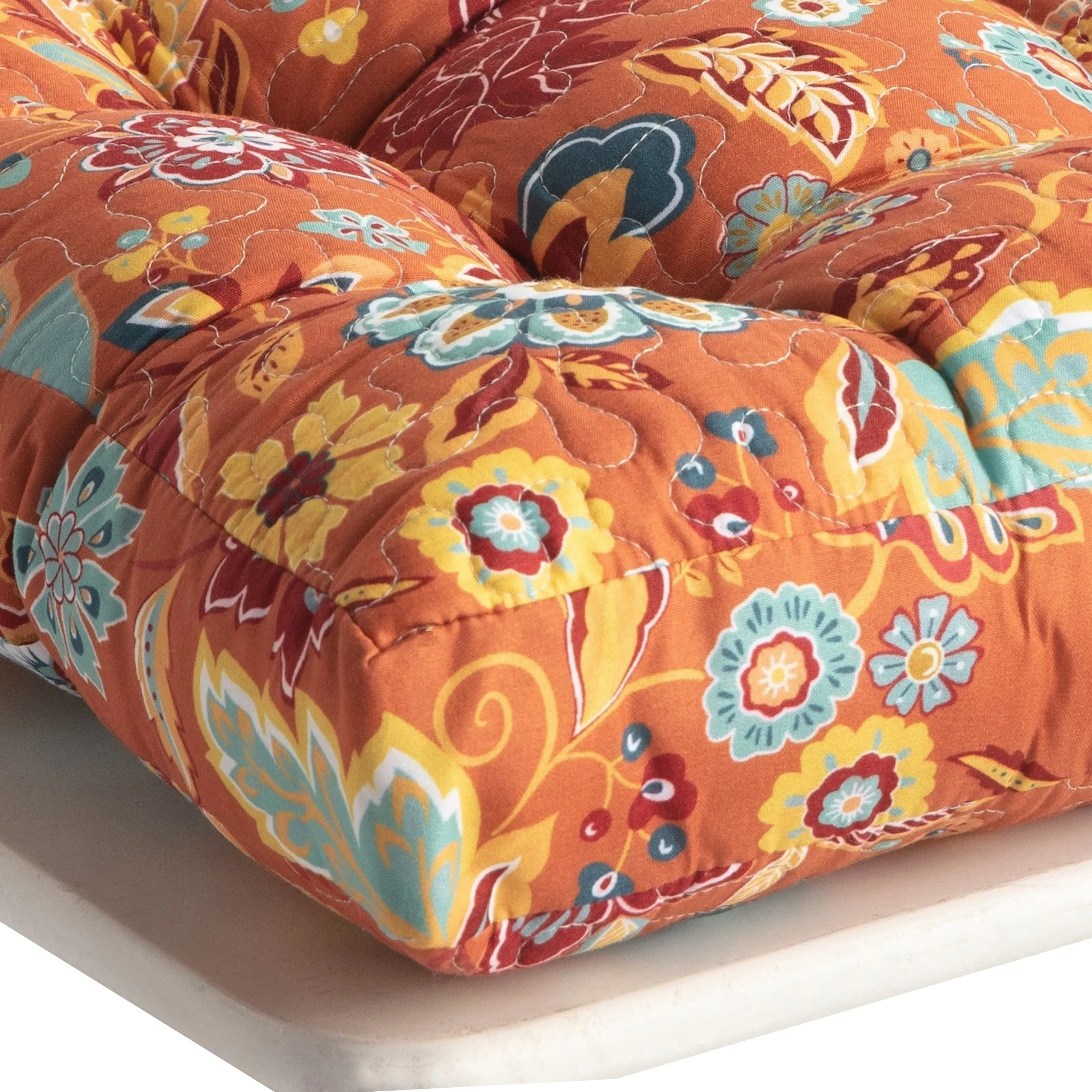 Rov 18 Inch Set of 4 Chair Pad Seat Cushions, 3 Layers, Orange Flower Print - Benzara