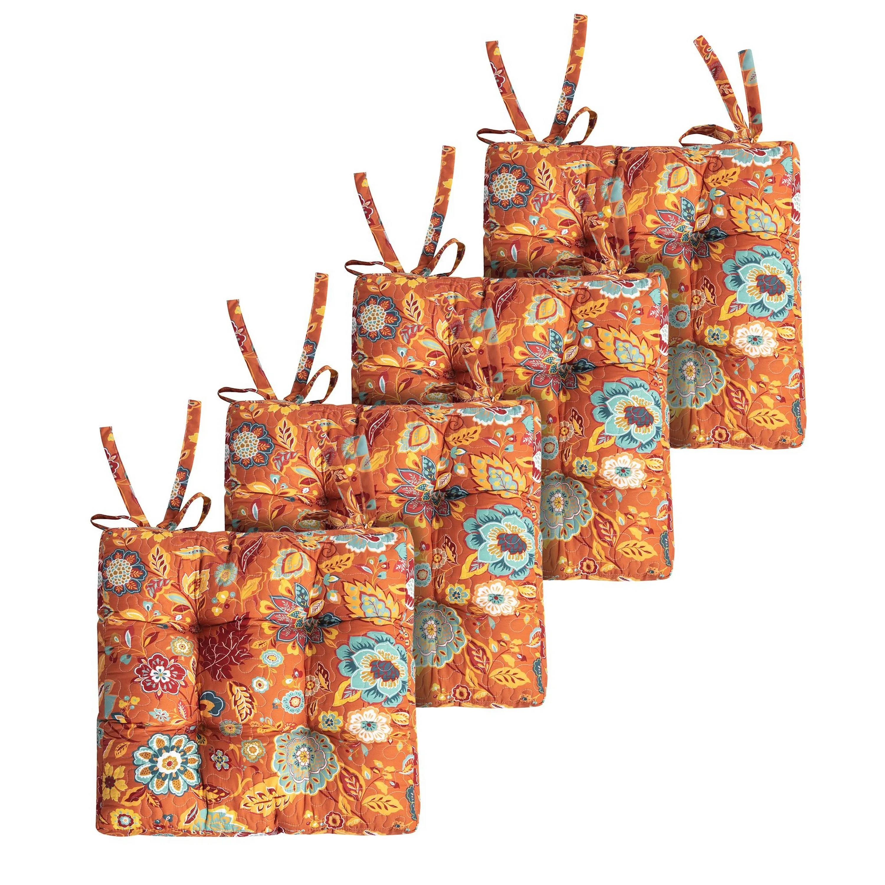 Rov 18 Inch Set of 4 Chair Pad Seat Cushions, 3 Layers, Orange Flower Print - Benzara