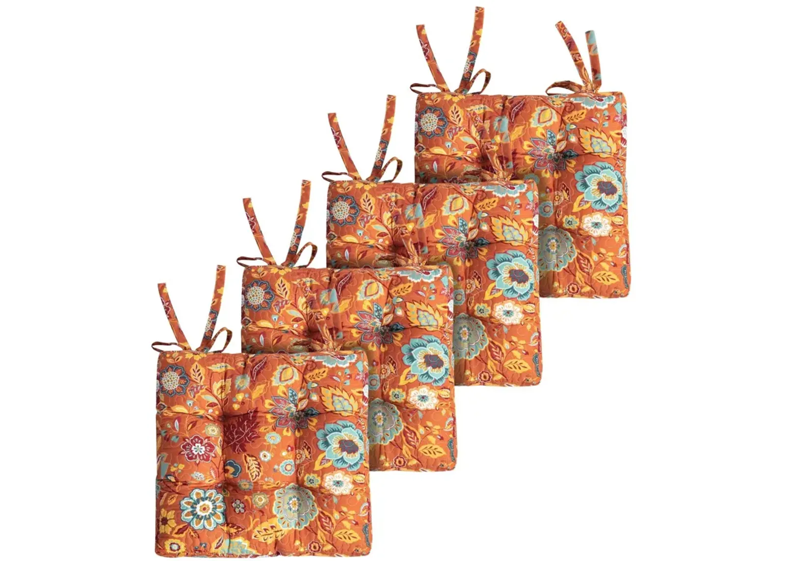 Rov 18 Inch Set of 4 Chair Pad Seat Cushions, 3 Layers, Orange Flower Print - Benzara