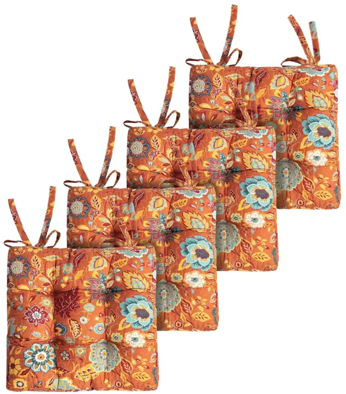 Rov 18 Inch Set of 4 Chair Pad Seat Cushions, 3 Layers, Orange Flower Print - Benzara