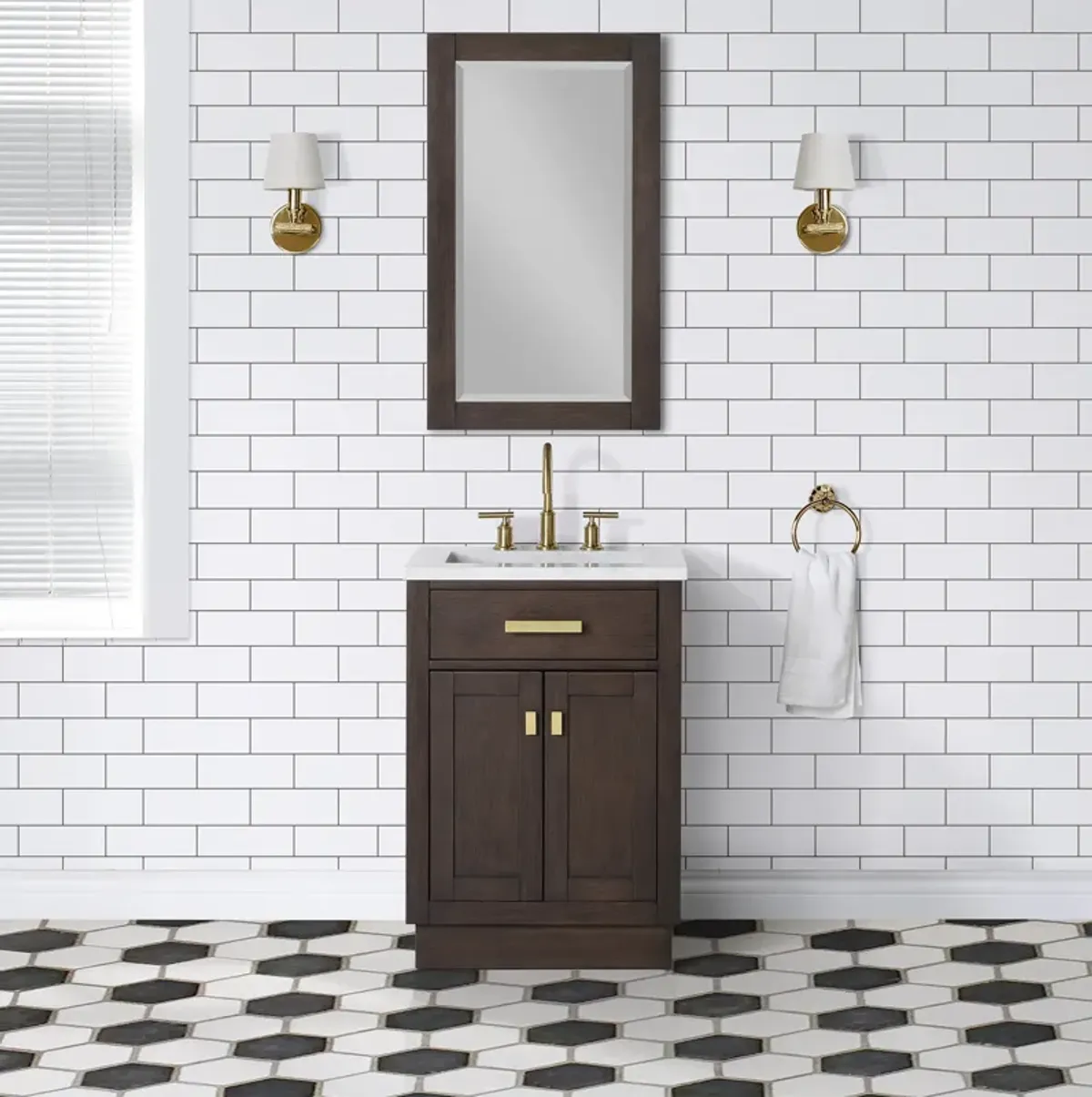 Chestnut 24 In. Single Sink Carrara White Marble Countertop Bath Vanity In Brown Oak with Satin Gold Hardware and Rectangular Mirror (S)