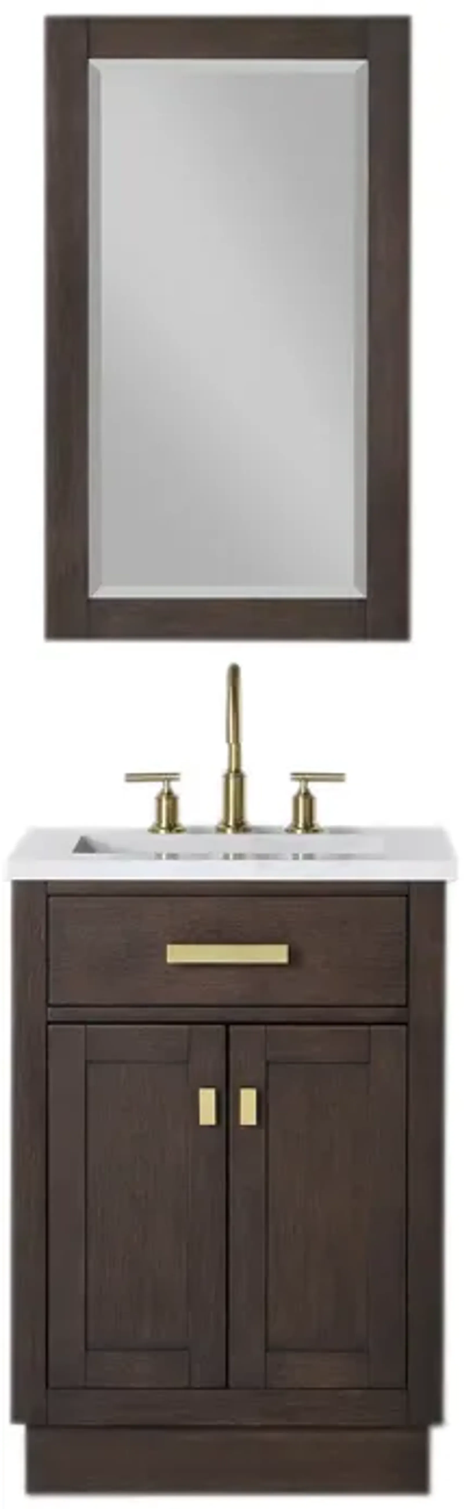 Chestnut 24 In. Single Sink Carrara White Marble Countertop Bath Vanity In Brown Oak with Satin Gold Hardware and Rectangular Mirror (S)