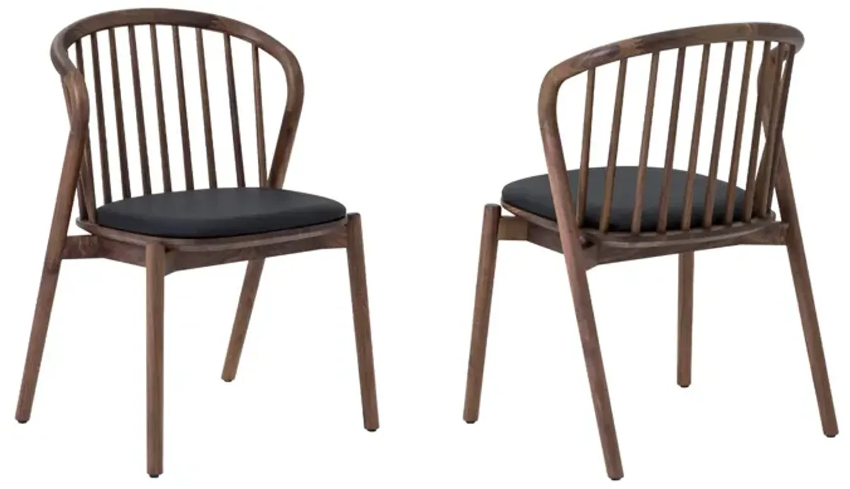 Rchy Dining Chair Set of 2, Curved Spindles, Black Faux Leather, Brown - Benzara