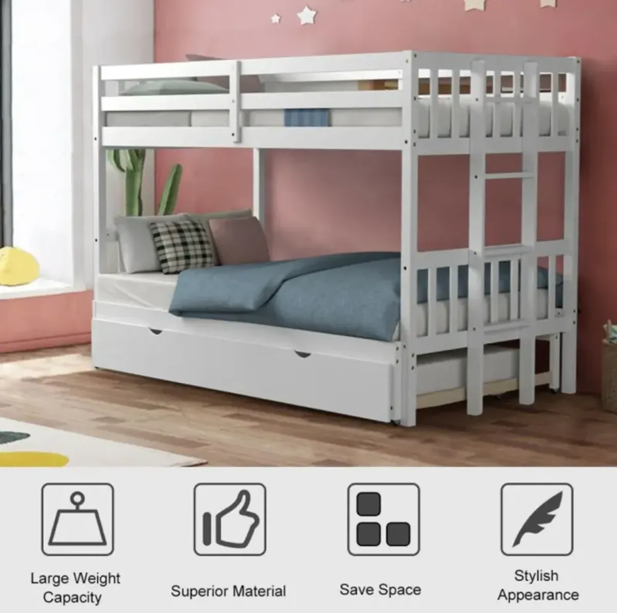 Hivvago Twin Pull-Out Bunk Bed with Trundle Wooden Ladder