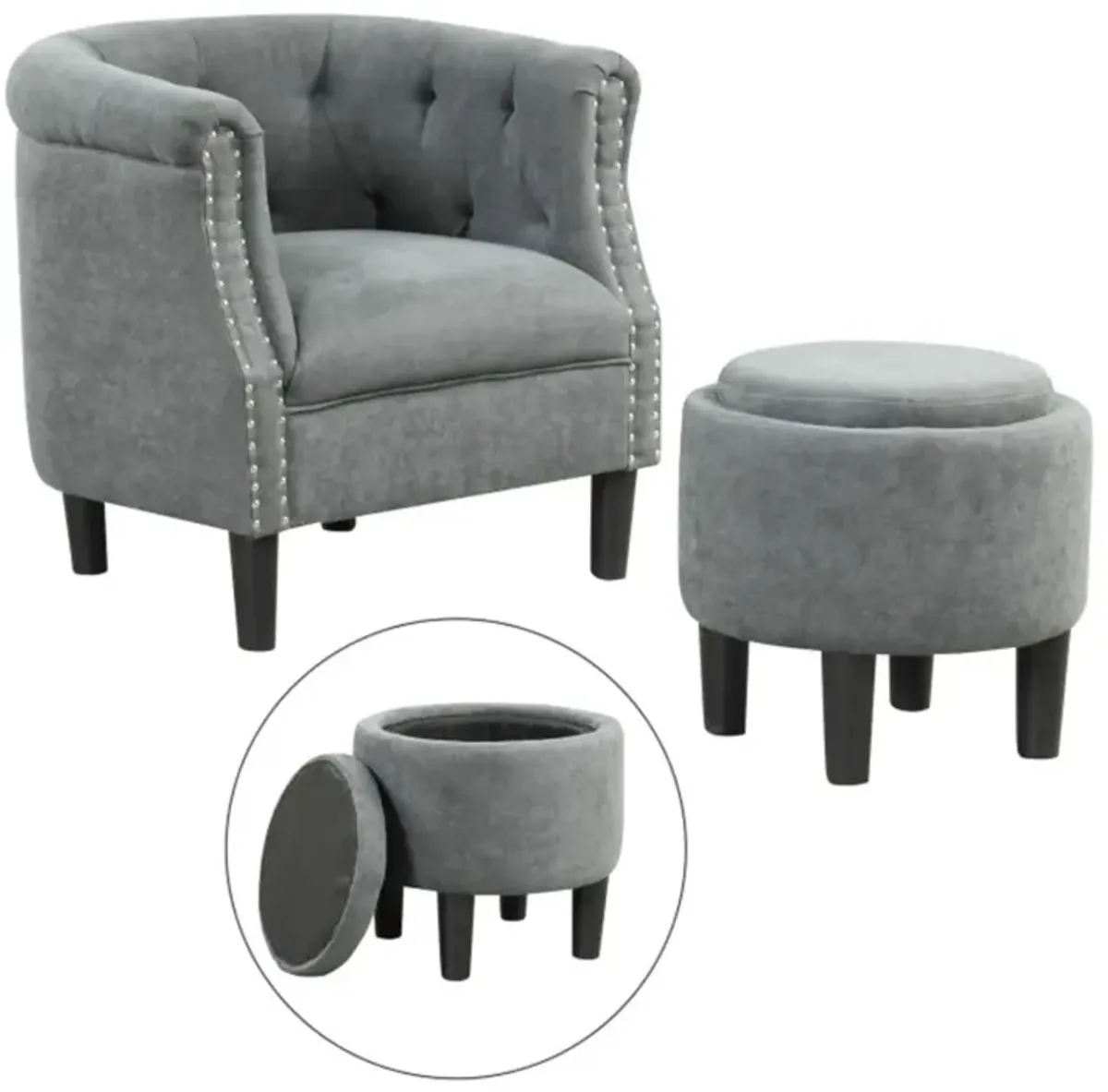 Hivvago Modern Accent Chair with Ottoman Armchair Barrel Sofa Chair and Footrest-Grey