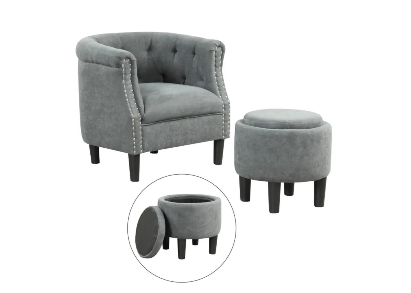 Hivvago Modern Accent Chair with Ottoman Armchair Barrel Sofa Chair and Footrest-Grey