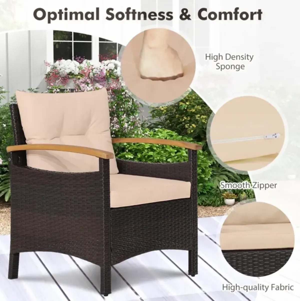 Hivvago 3 Pieces Patio Rattan Furniture Set with Removable Cushions