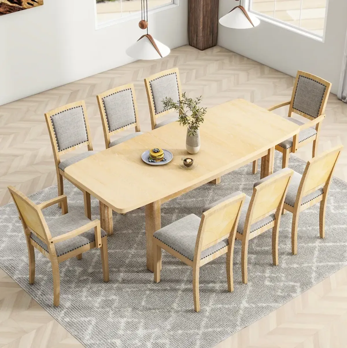 Merax 9 Pieces Rustic Extendable Table Chairs Dining Set