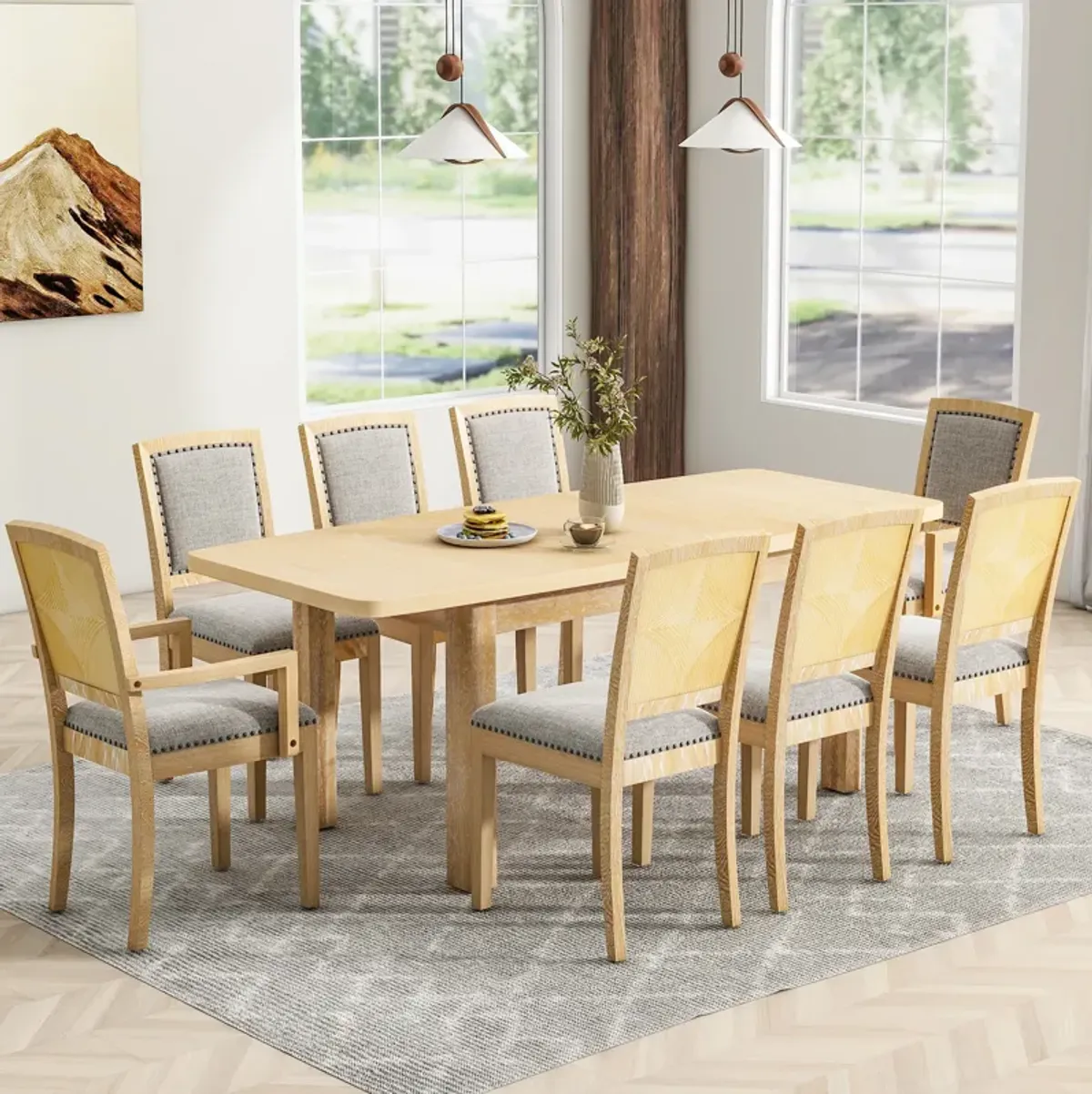 Merax 9 Pieces Rustic Extendable Table Chairs Dining Set