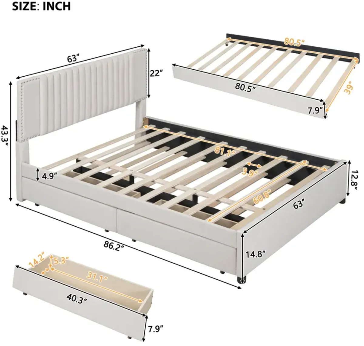 Queen Size Upholstered Platform Bed With 2 Drawers And 1 Twin XL Trundle, Classic Headboard Design